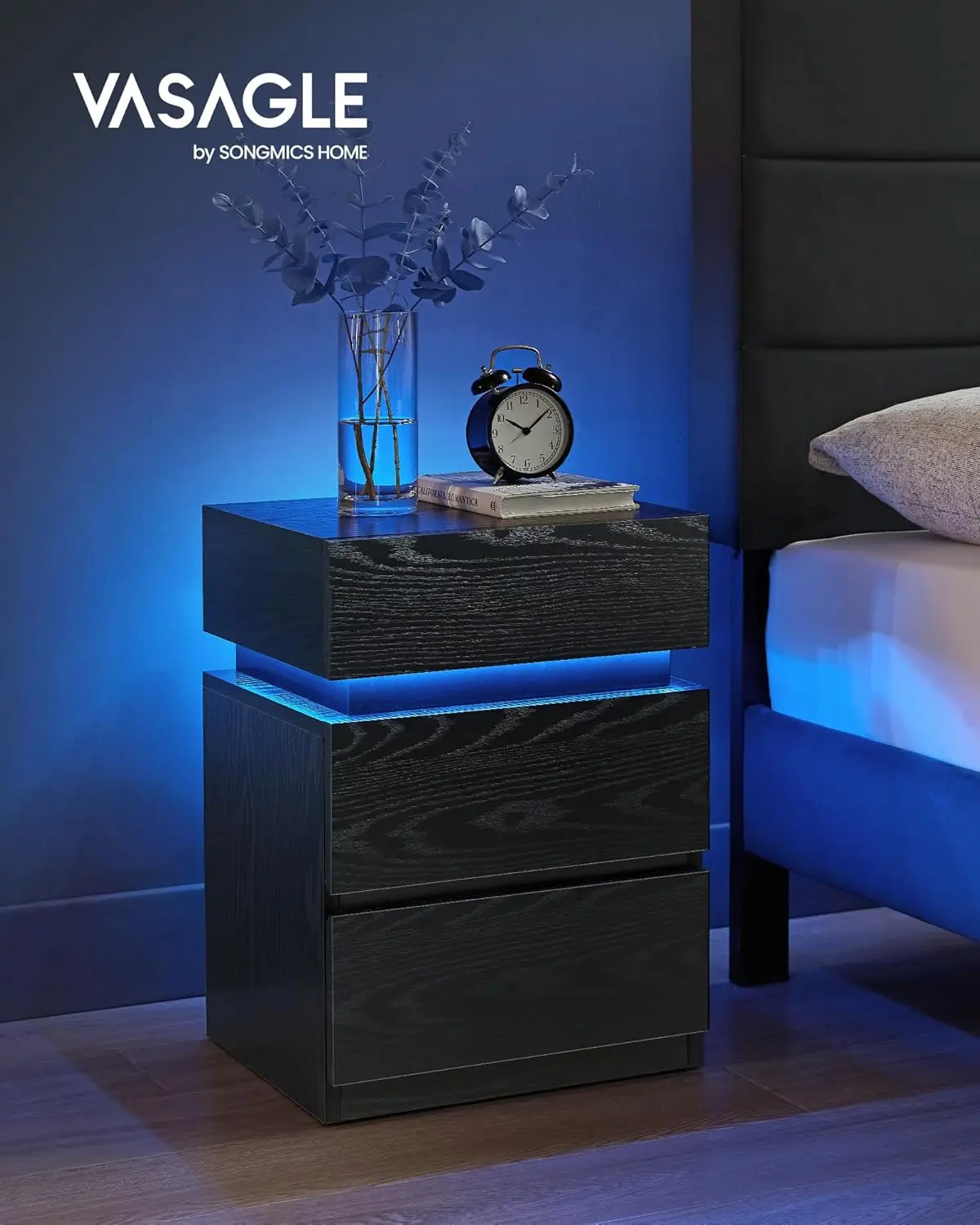 Nightstand with LED Lights, Adjustable Light Colors, Bedside Table, Side Table with 3 Drawers, Modern Style, 13.8 x 15.7 x 21.7