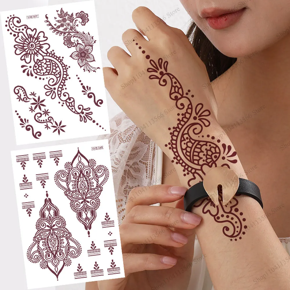 

1pc Brown Flower Tattoo Stickers for Hand Temporary Tattoos for Women Fake Henna Stickers Waterproof Body Decoration