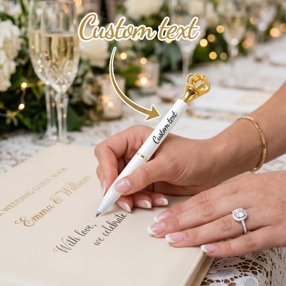 Custom Name Crown Top Ballpoint Pen, Gold Metallic Royal Style Pen with Engraved Text, Elegant Wedding Signing Pen,