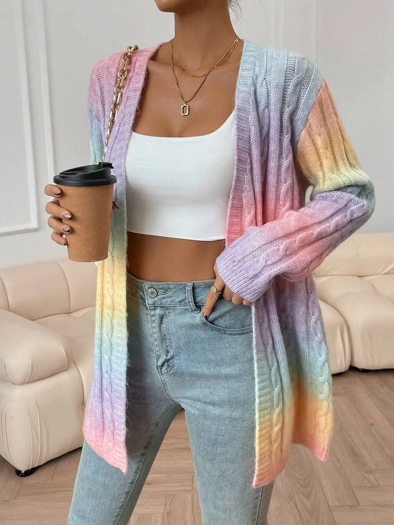 Autumn Vintage Cardigans Winter New Women\'s Sweater New Pockets Rainbow Tie-dye Mid-length Cardigan Knitted Sweater Jacket