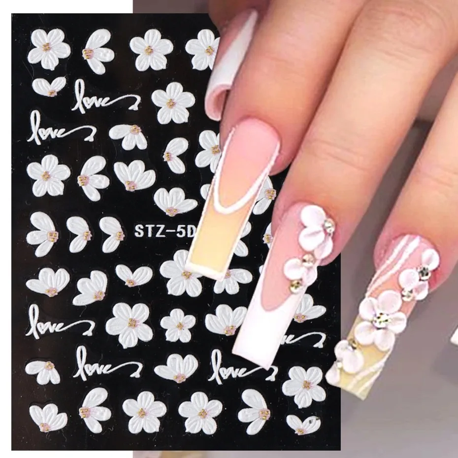 

1pcs Camellia 5D Relief Nails Stickers Art Embossed Nail Decal Decoration Acrylic Sticky Sliders Tulip Butterfly White Orchid