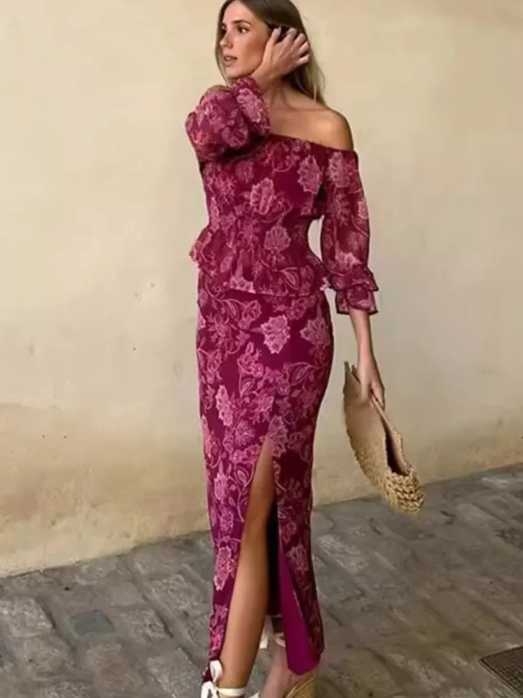 Vintage Sexy Elegant Printed Two Piece Set Women Summer Fashion Beach Vacation Long Sleeve One Line Neck Top And Slit Skirt 2025