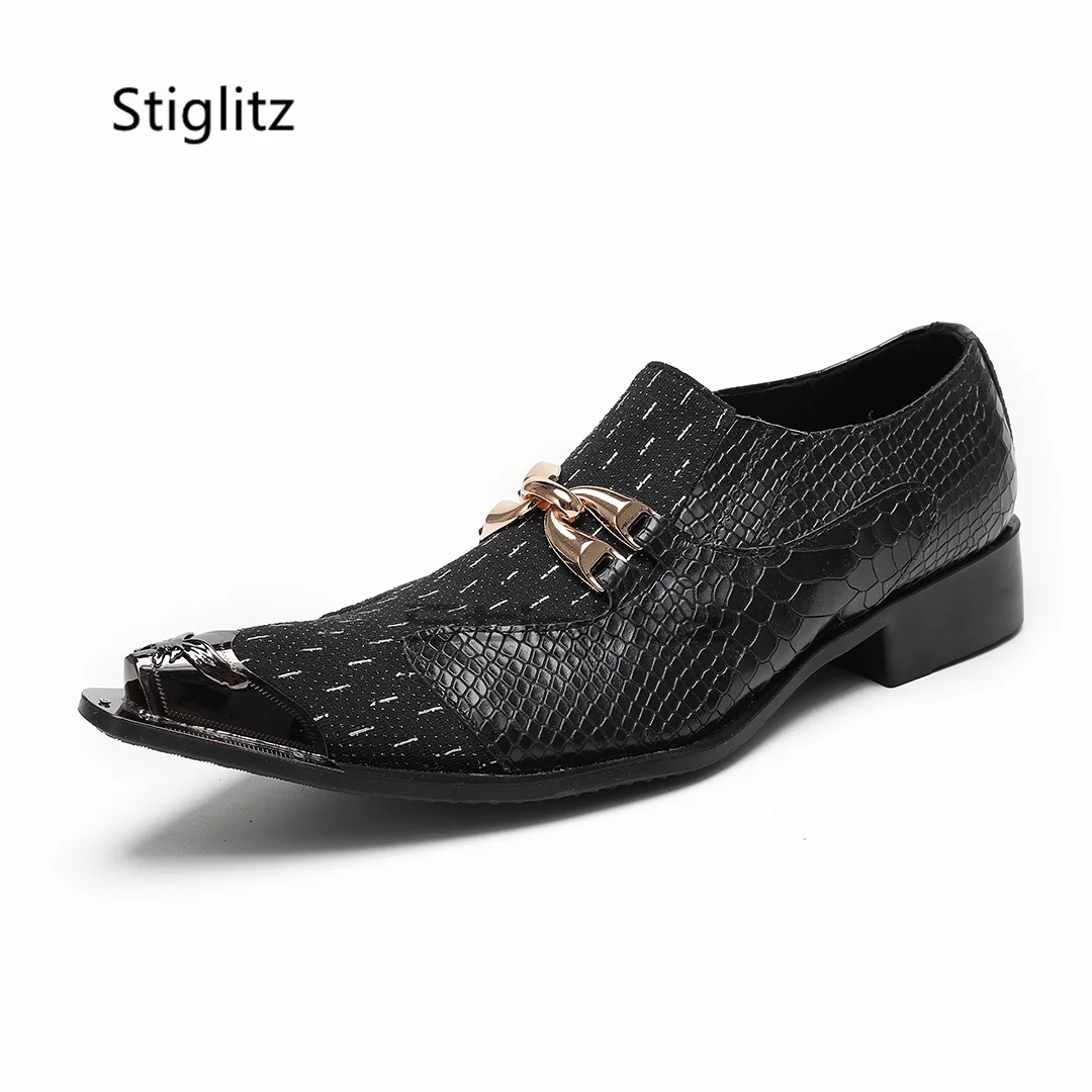 

Metal Knot Gentleman Dress Shoes for Men Metal Pointed Toe Patchwork Black Classic Designer Wedding Party Business Men's Shoes