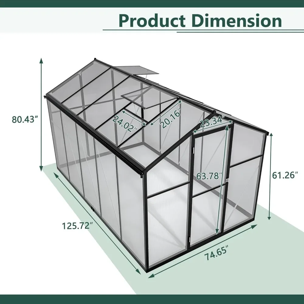 6x10 FT Greenhouse with Lockable Door and 2 Adjustable Roof Vent, Aluminum Frame, Large Walk-in Polycarbonate Greenhouse