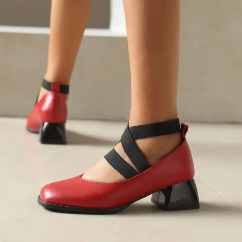 

Autumn 4.5cm Comfortable Mid Heel Elastic Strap Single Shoes Solid Color Square Toe Shallow Mouth Casual Commuting Women Shoe 48