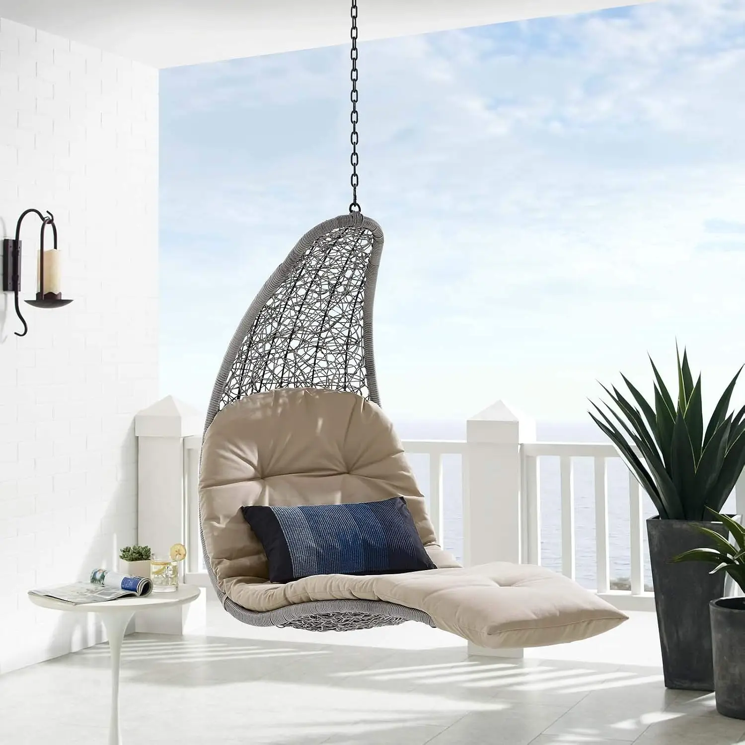 Outdoor Wicker Rattan Hanging Swing Chaise Lounge Chair For Patio Porch, Light Gray Beige, Customized
