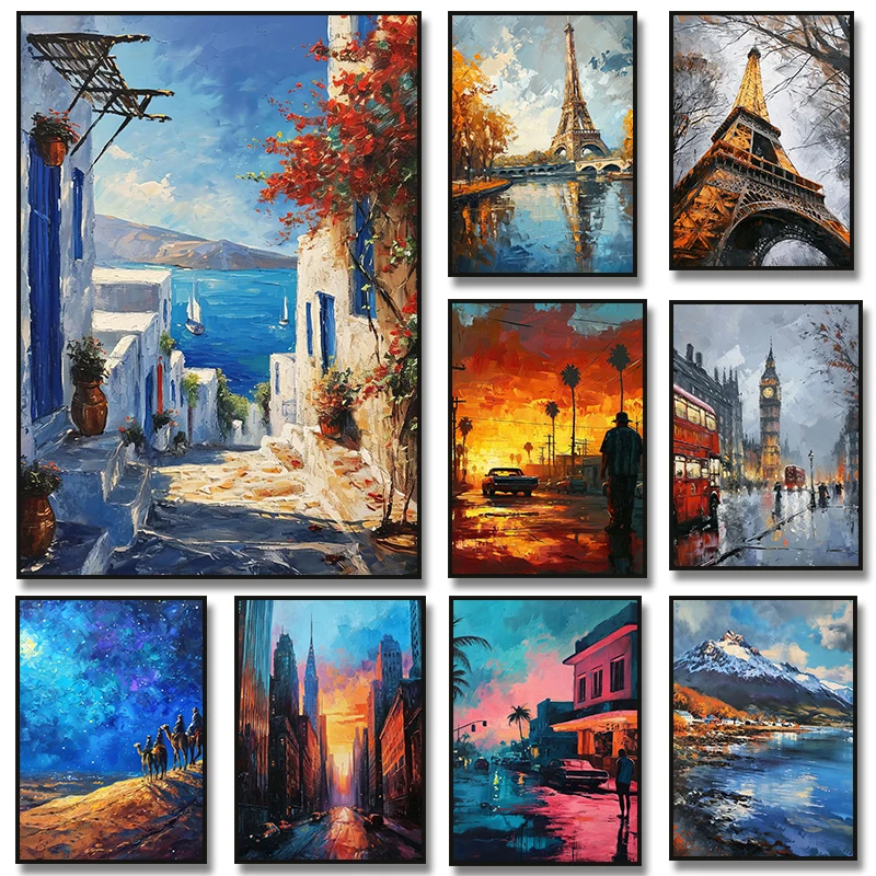 London Bus Egypt Paris Elfier Tower Cityscape Santorini Travel Oil Painting Canvas Print Wall Art Picture Living Room Decor