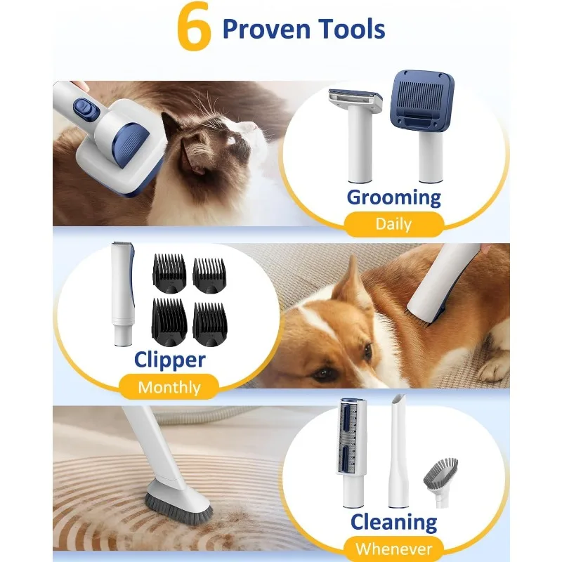 Dog Grooming Vacuum Kit, 3.2L Dust Cup Pet Grooming Vacuum for Dogs Cats with Cordless Clipper, 12000pa 6 Pet Tools