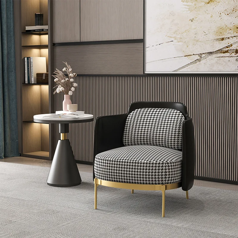 Light luxury single leather sofa chair thousand bird grid home living room modern simple wrought iron hotel tiger armchair