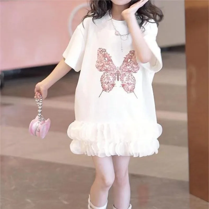 Girl's Sparkling Butterfly T-shirt Skirt 2024 Summer Printed Long Skirt Children's Summer Dress Girls Clothes Vestido Niña image 6