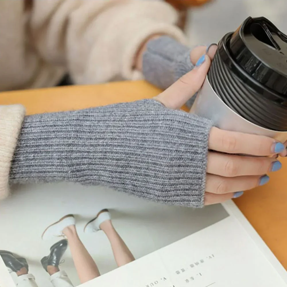 1 Pair Autumn Winter Short Arm Sleeves Half Finger Gloves For Women Solid Color Knitted Fingerless Gloves Hand Warmer Mittens