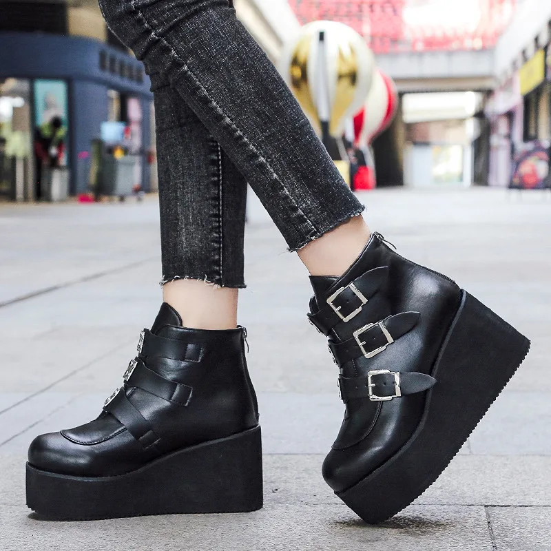 Ankle Boots Female Wedges Shiny Belt Buckle Platform Booties Luxury Designer Shoes Woman Casual Comfortable Walking Short Boots