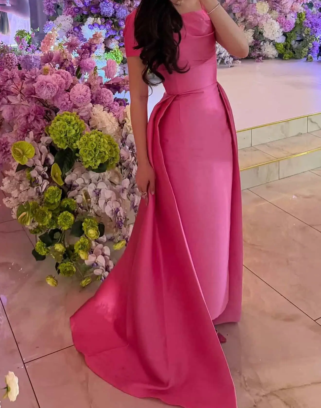 

New Design Luxury Fuchsia Satin Party Dress Square Neck Side Draped A Line Maxi Formal Evening Gown For Women