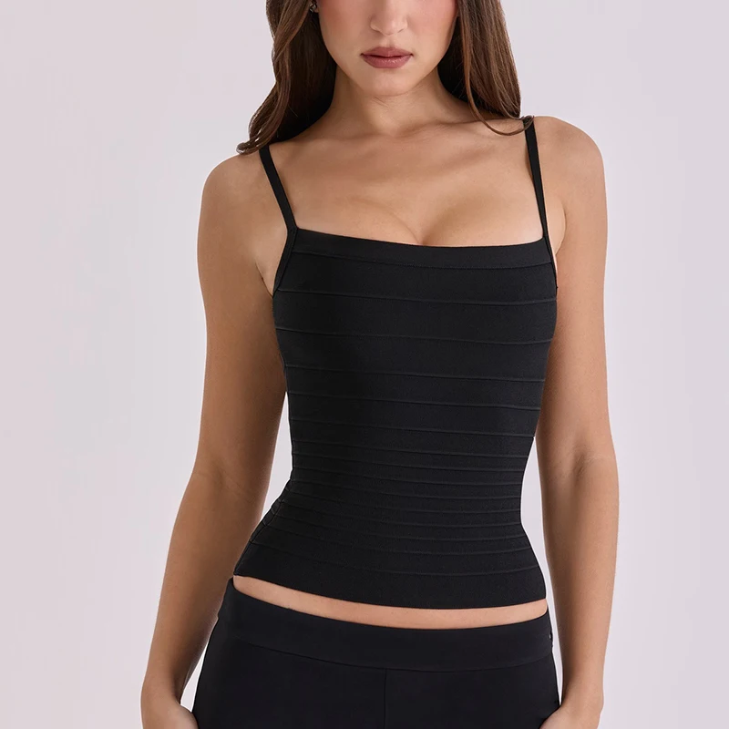 Damen Sommer Einfarbiges Bandage-Trägertop Figurbetont Quadratischer Ausschnitt Spaghetti-Träger Geripptes Strick-Cami-Top