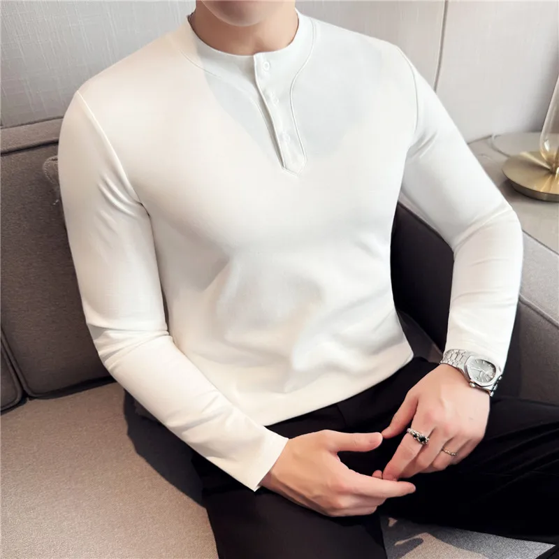 Streetwear Thick Stretch T-shirt Men's Slim Fit Henry Collar Designer Long Sleeve Base Tee Shirt White Tight Clothes Men Spring