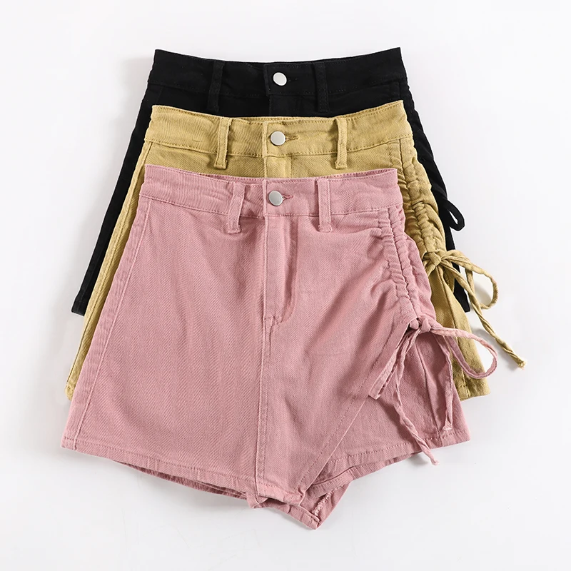 

Summer Thin Denim Skirts with Shorts Girls Loose Casual High Waist Fashion Beach Skorts Black Pink Irregular Drawstring Skirts