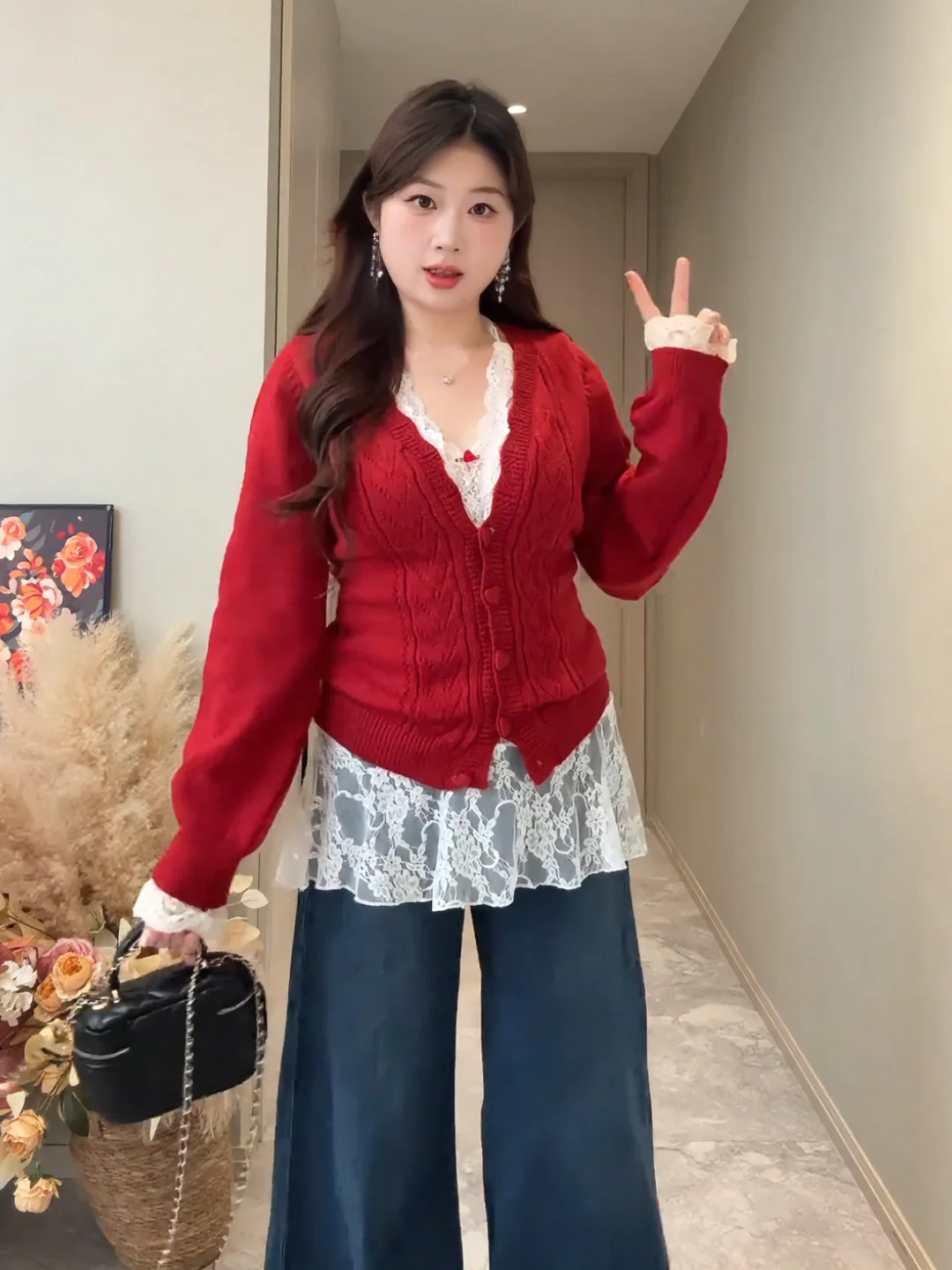 

Red Lace Innerwear Sweater Set plus Size Korean Sle Knitted V-Ne Long Sve Thiened Autumn Winter Faion Sensation