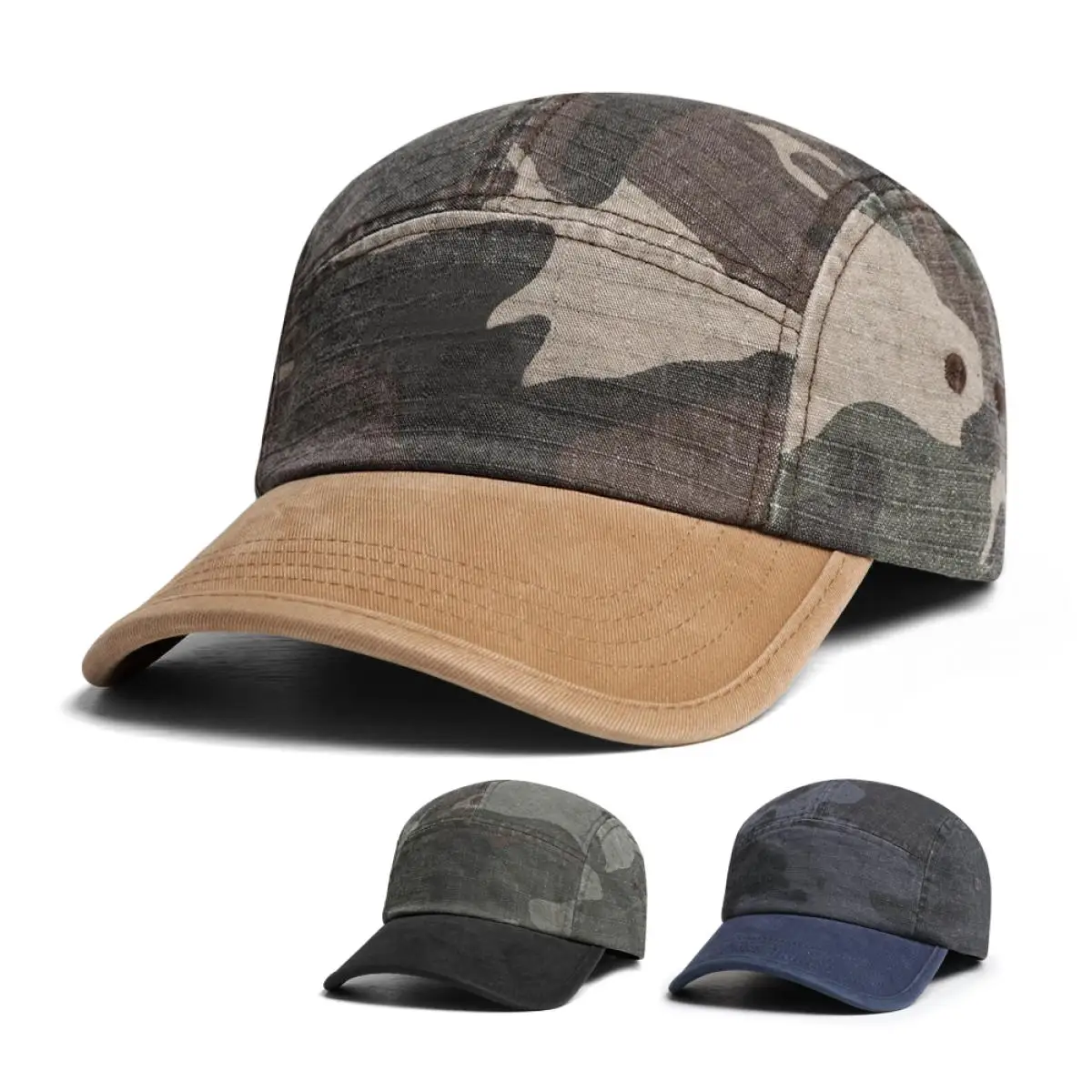 Baseball Cap Five Panel Camouflage Patchwork Washed Distressed Hat for Men Women, Vintage Utility Outdoor Sunshade Streetwear