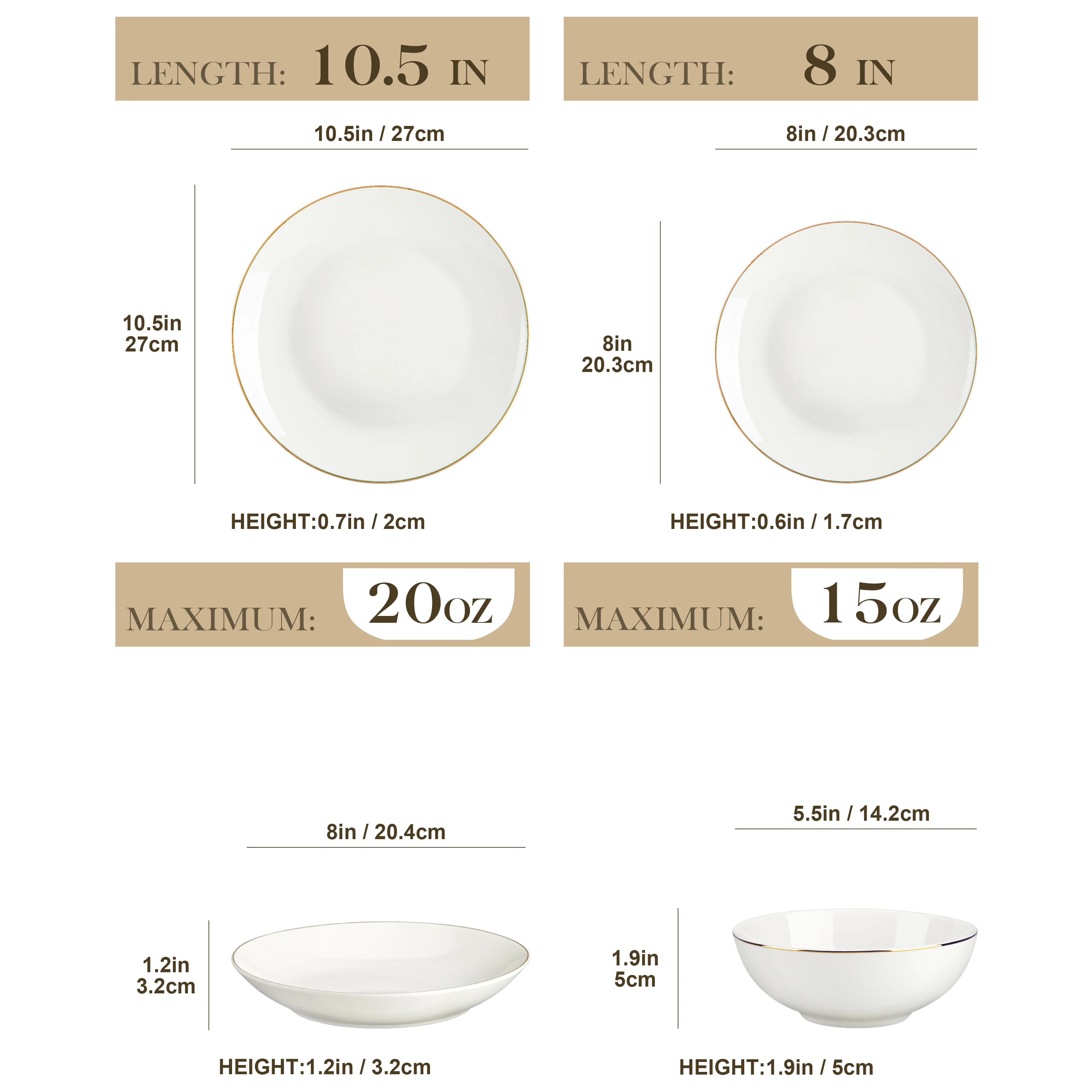 MALACASA 16/32-PCS Nordic Europese Gouden Rand Wit Bone China Servies Set met Kom, Diner & Dessert & Soepbord Set voor 4