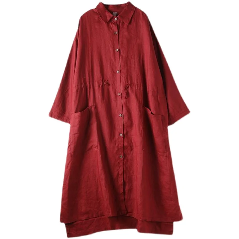 Ele Long Loose Damen Leinen Dr. Vintage HongKong Sle irt Dr Pendeln Pure Color Collar Frühlingsaison