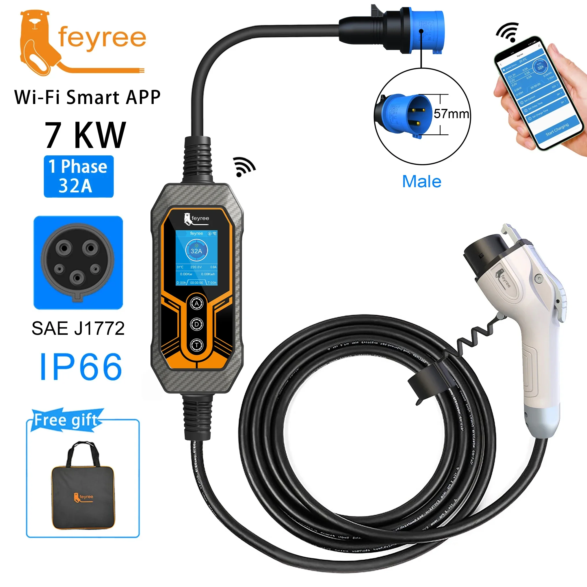 feyree Type1 j1772 Socket 32A 7KW 1Phase Portable EV Charger Wallbox APP Control EVSE Portable Charging Box for Electric Vehicle