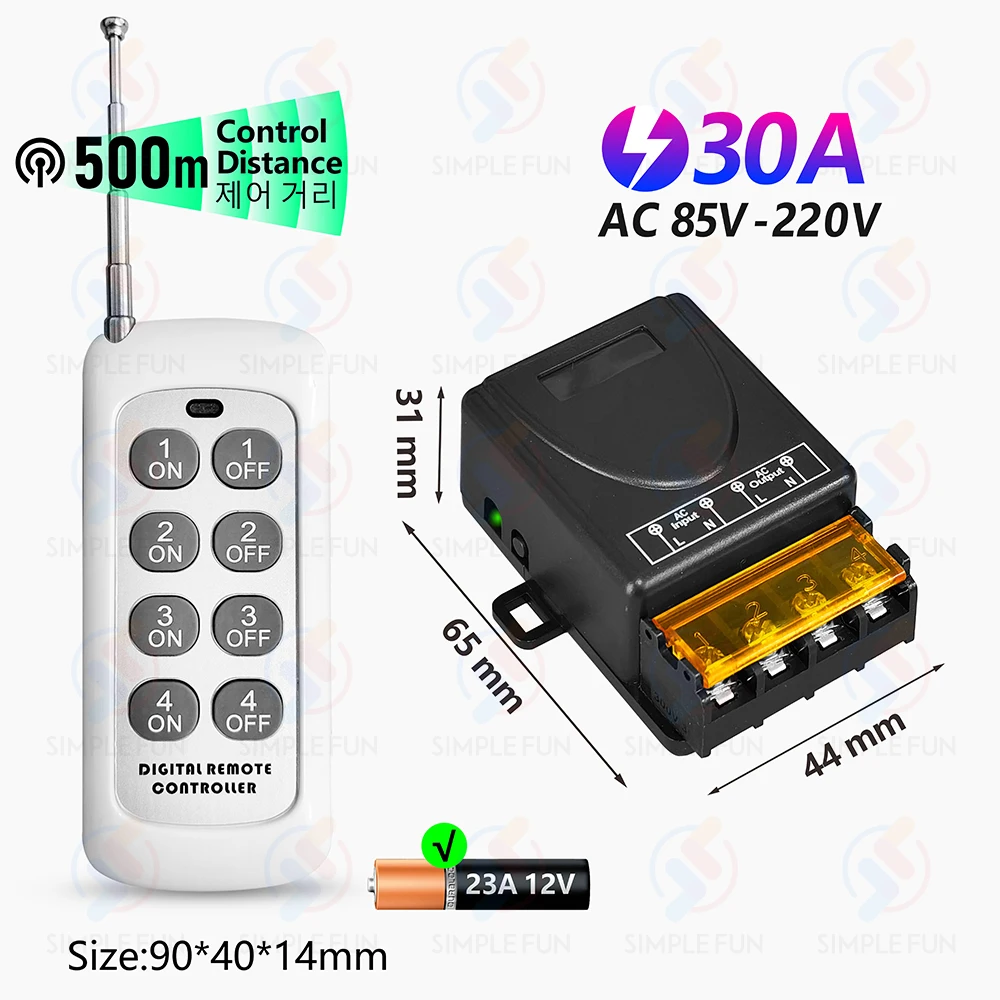 Interruptor de luz de Control remoto inalámbrico, 433Mhz, 110V, 220V,500 metros de rango de Control, módulo de relé de alta potencia 30A, para