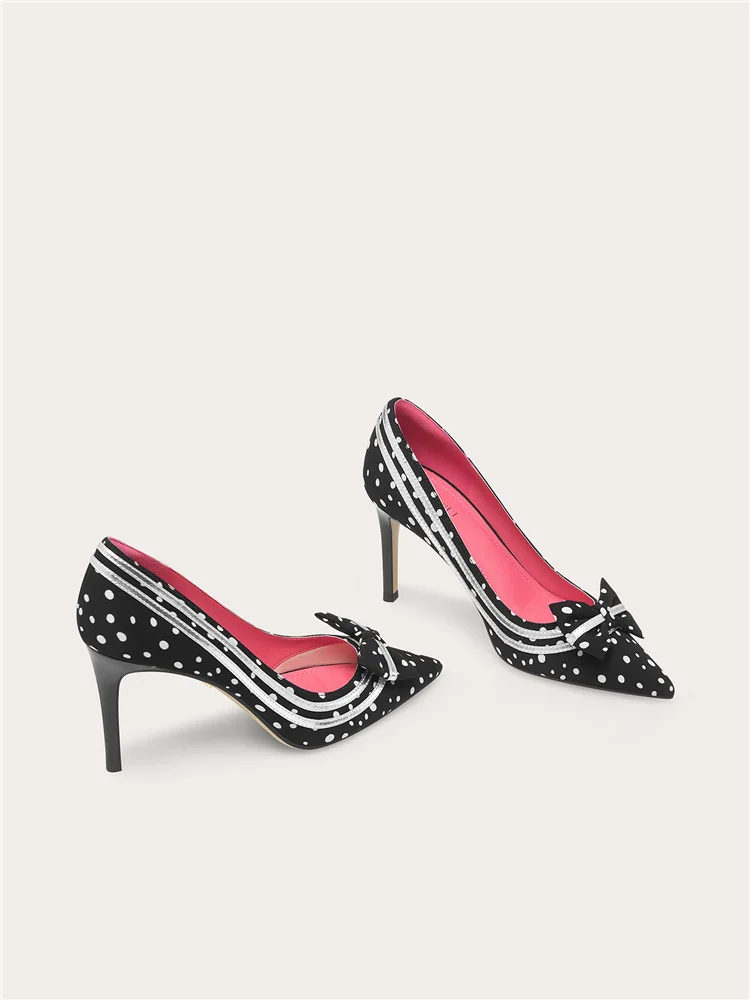 Autumn new pointed shallow mouth polka dot silk bow single shoes banquet large size small size widened high heels women's shoes