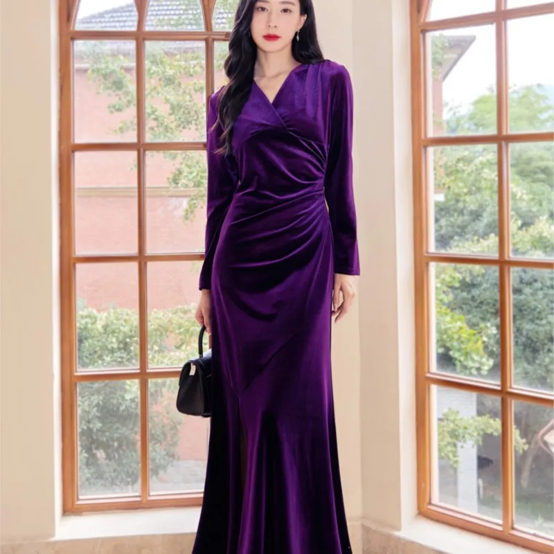 New velvet to ankle ultra long style dress