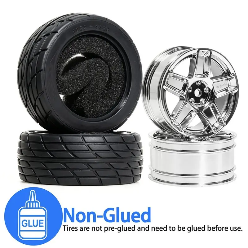 ABXE-1/10 RC Car On-Road Flat Racing Tires, For Tamiya Climbing Car Plastic Wheel Rims, Wind-Cutting Wheel Hubs Silver