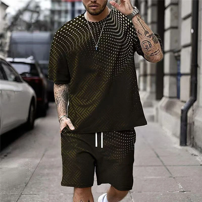 Men's Suit Sportswear Fashion Casual Short Sleeve Casual 3D Stereoscopic Printing Men's T-shirt + Shorts Suit Street Sportswear