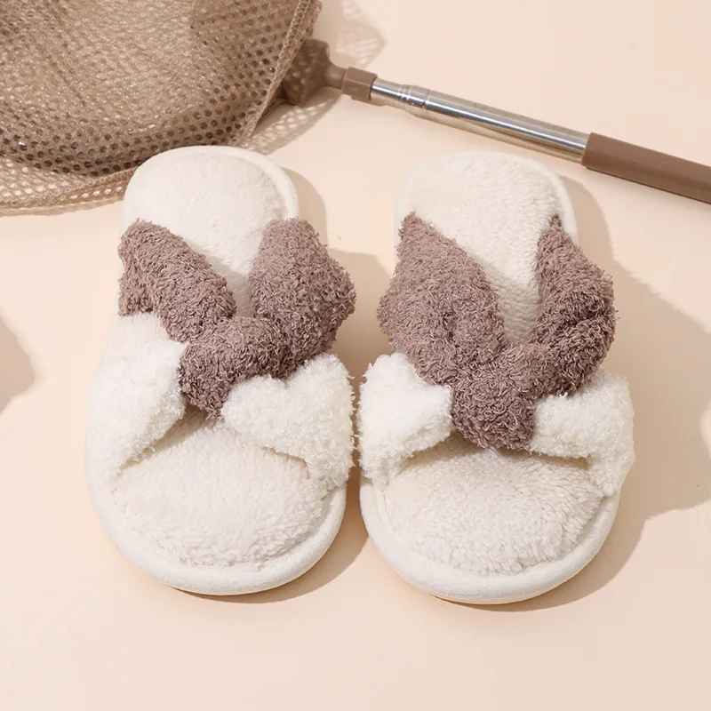 Kids'Slippers Plush Bow Fluffy Suede Flat Winter Shoes For Children Anti-slip Thick Bottom Home Slipper Pink Green Size 30-35