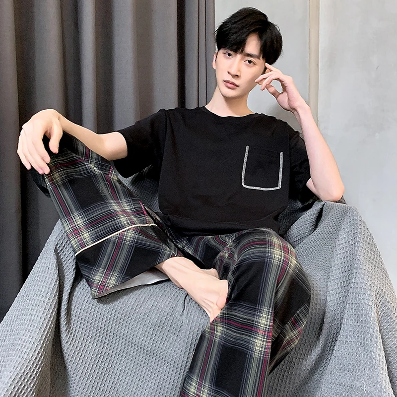 Summer cotton short-sleeved long trousers male pajamas suit big yards plaid print sleepwear men's home nightwear pijamas hombre