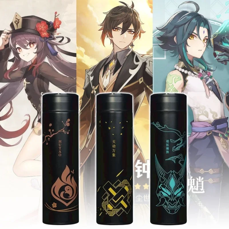 Genshin Impact Vacuum Flask Water Bottles Stainless Steel LED Temperature Display Coffee Mug Game Zhongli Xiao Anime Thermos Cup