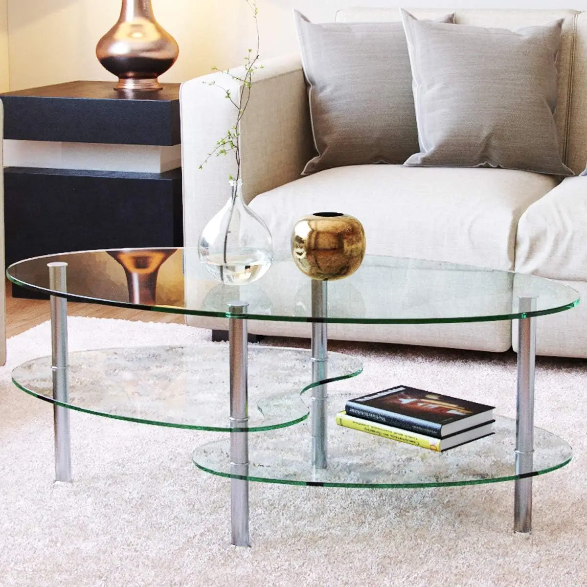 

Ashley - Oval Two Tier Glass Coffee Table - Coffee Tables for Living Room, Kitchen, Bedroom Glass Shelves Under Desk Storage