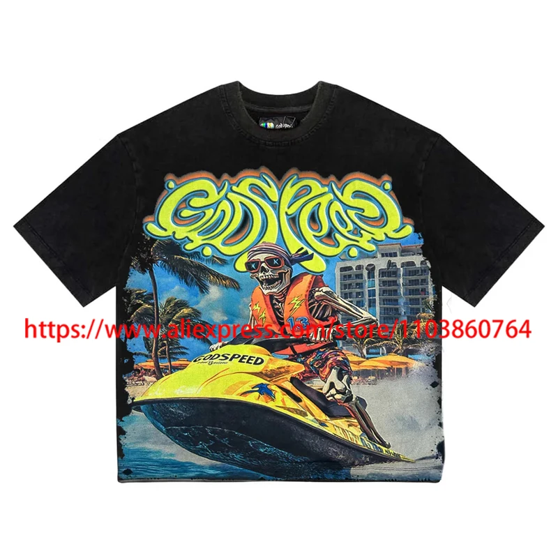 

Summer Casual Brand Godspeed Short Sleeves New Skull Yacht Print Pattern Tee Best Quality Oversized GOD SPEED T-shirt