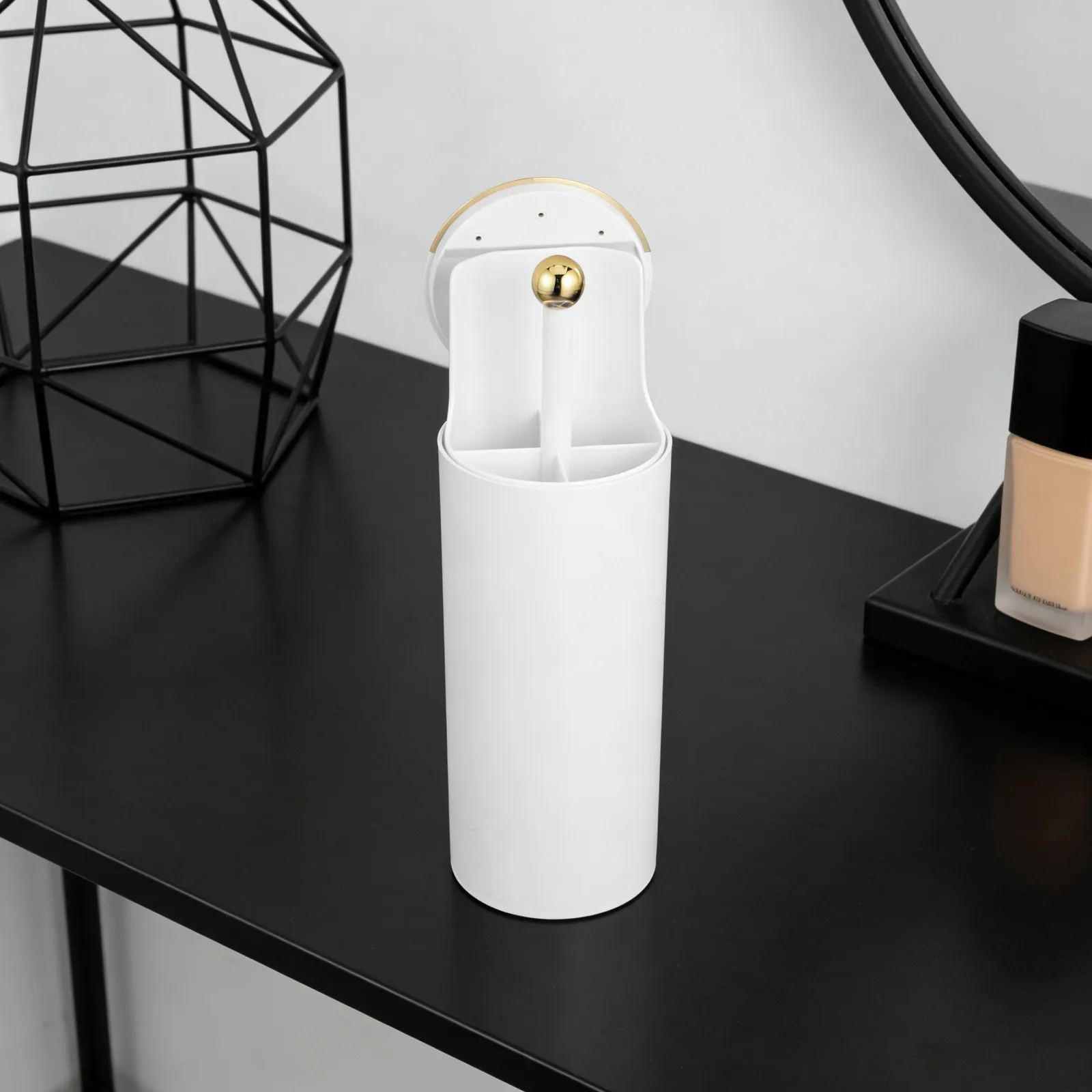 Makeup Brush Holder Cup White Auto Lift Divided Vanity Brush Organizer Dustproof Cover Desktop Storage