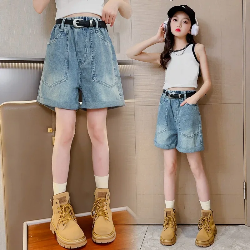 

Korean Style Girls' Summer Large Pocket Denim Shorts Women'S Loose Curling Solid Casual Fashionable All-Matching Pants 6-15Y