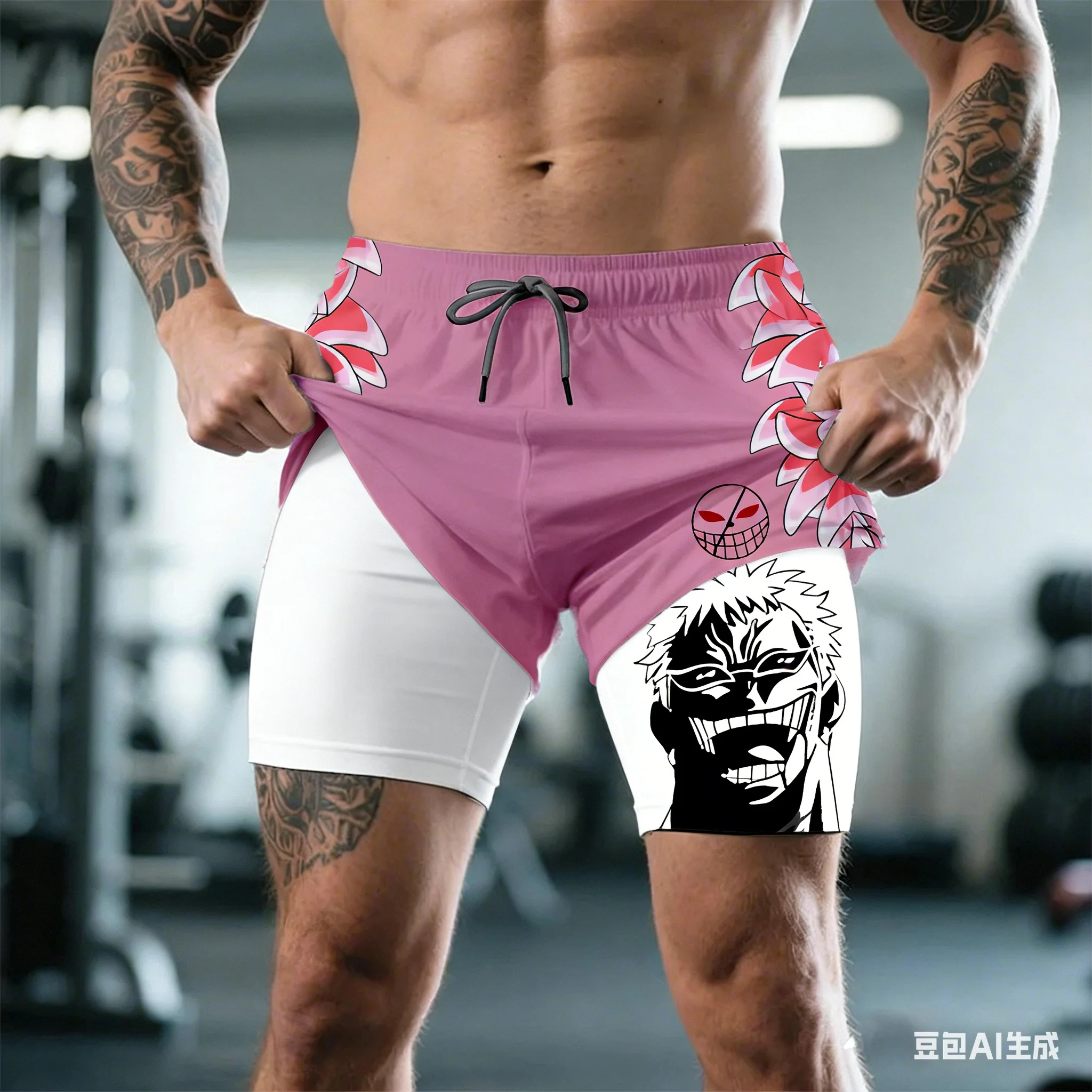 

Summer New ONE PIECE Doflamingo 3D Double Layer Tight Fitness Shorts Men Loose Breathable Speed Drying Sports Running Shorts