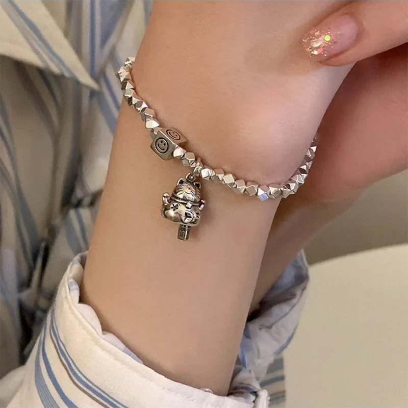 

925 Sterling Silver Original Design Sweet Cat Animal Retro Irregular Female Charm Bracelet Hand Jewelry For Women Accessories