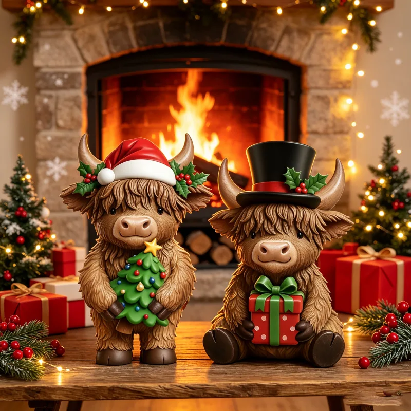 Wooden Christmas Self-Standing Flat Decor – Highland Cow Multi-Style Set, Festive Holiday Tabletop Display Sign