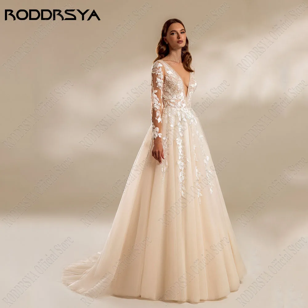 RODDRSYA Backless Lace Wedding Dresses For Bride Long Sleeves Applique Scoop Neck A-Line Elegant Bridal Gowns Robe De Mariée