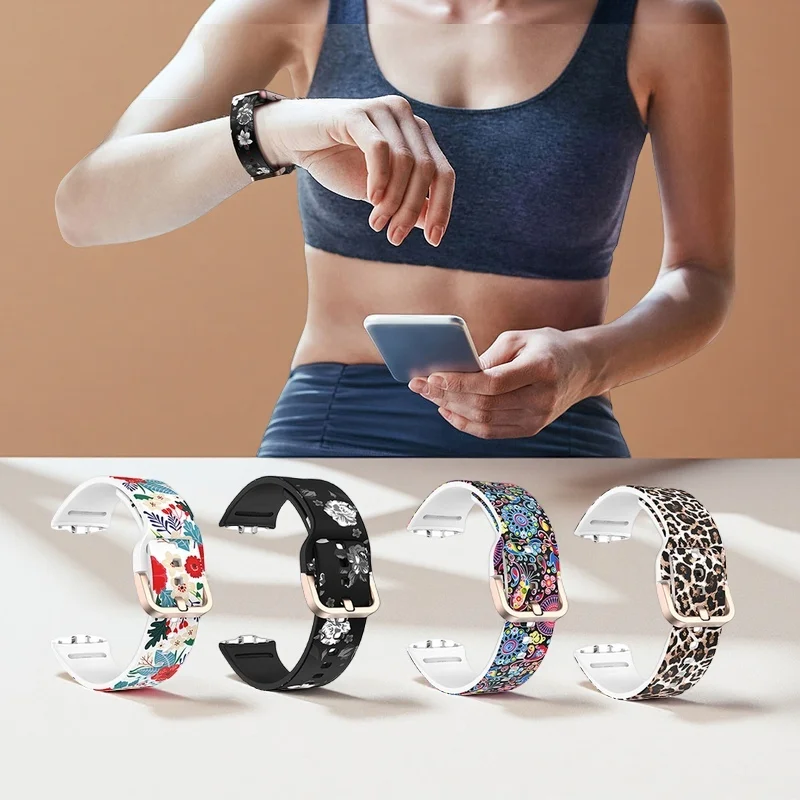 삼성 갤럭시 핏 3 R390 패션 트렌드 로즈 골드 플랫 버클 인쇄 실리콘 스마트 교체 스트랩에 대한 4pcs