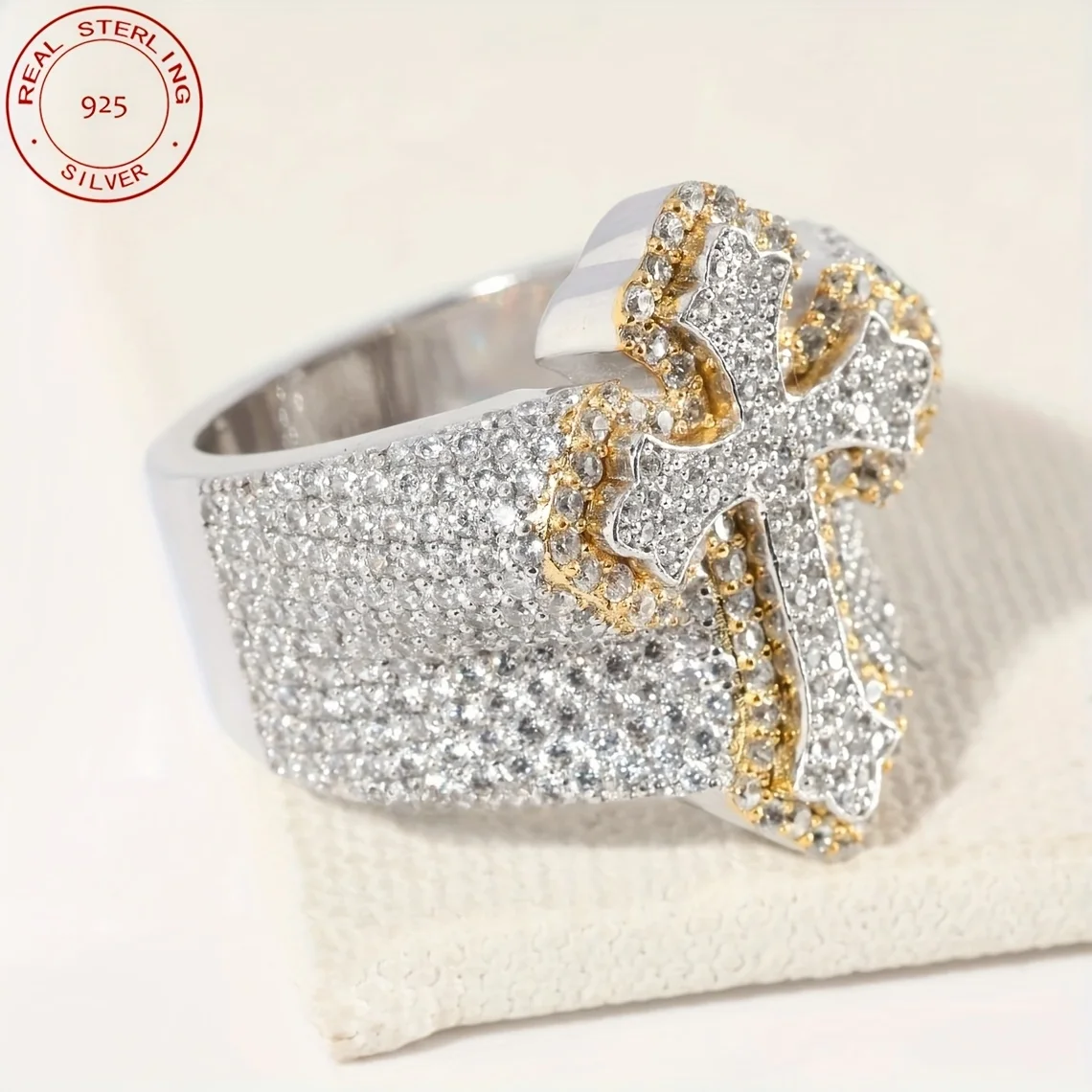 แหวนเงินแท้ 925 ลายกากบาทแบบ Iced Out สไตล์ฮิปฮอป รุ่นใหม่ล่าสุดปี 2025 สำหรับผู้ชาย ดีไซน์เรโทรสองสี เครื่องประดับคุณภาพ