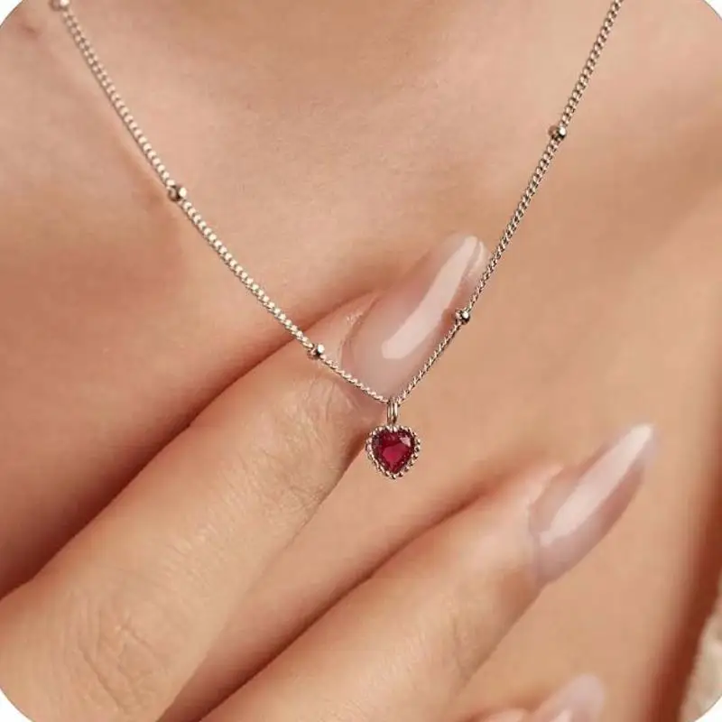 Mini collares con colgante de circonita y corazón rojo para mujer, cadenas simples de Color plateado, accesorios de joyería para fiesta de moda romántica dulce
