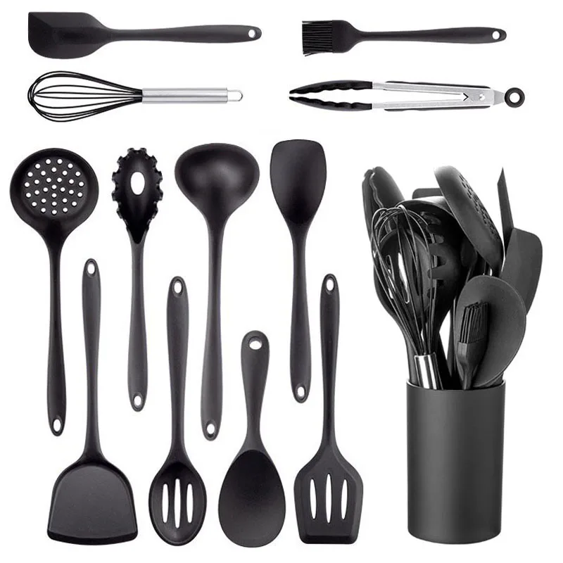 Black Silicone Cooking Utensils Set Non-Stick Pan Baking Tools Kitchenware Slotted Turner Spatula Spoon Food Tongs Kitchen Kit