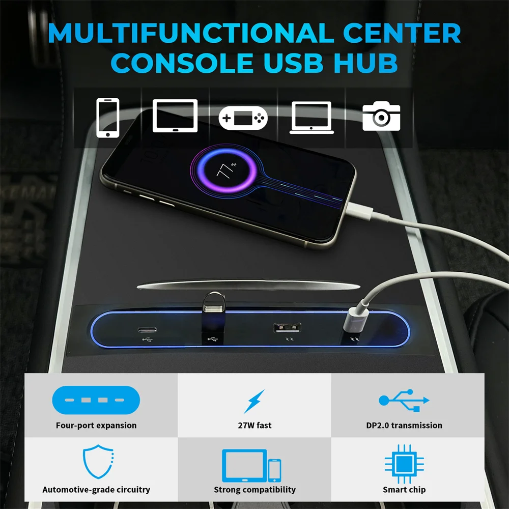 For Tesla Model 3 Model Y 2021 2022 Intelligent Docking Station 27W Quick Charger With Sensor USB LED Hub Splitter Extension