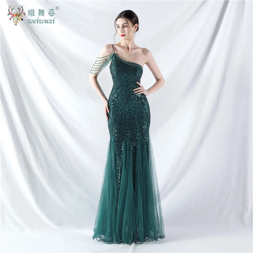 Sukienka wieczorowa na jedno ramię, cekinowa, długa, typu rybka, z kryształkami, koralikami, wzorem sznurkowym, obcisła, koronkowa, z tiulowym dołem, suknia formalna.