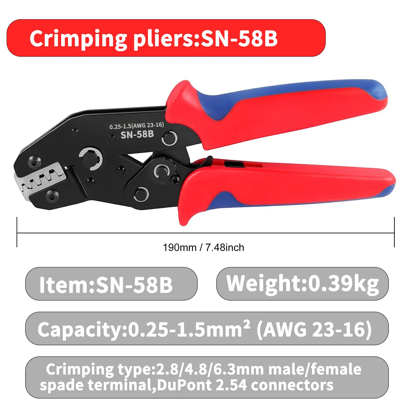 2.54mm Dupont Wire Connectors Crimping Tool Kit Crimper Plier for 2.8/4.8/6.3mm² Male Female Spade Connectors Terminals kit