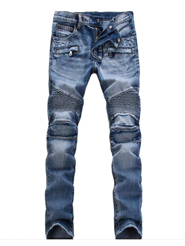 Men Casual Biker Denim Jeans Stretch Solid Regular Male Street Pant Vintage Youth Trousers Large Size