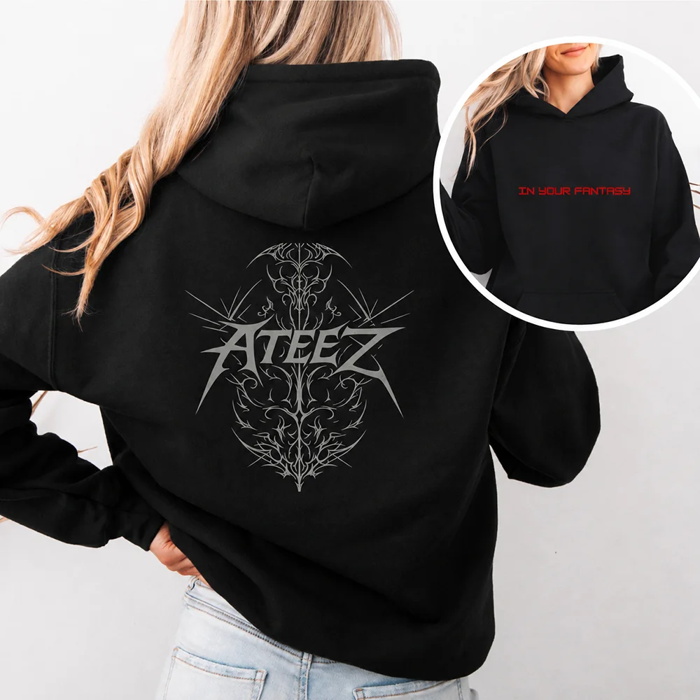 Men Women Kids ATEEZ Cotton Hoodie Double Sided Print Kpop Fan Merch Hooded Sweatshirt Gothic Graphic Pullover Streetwear Top